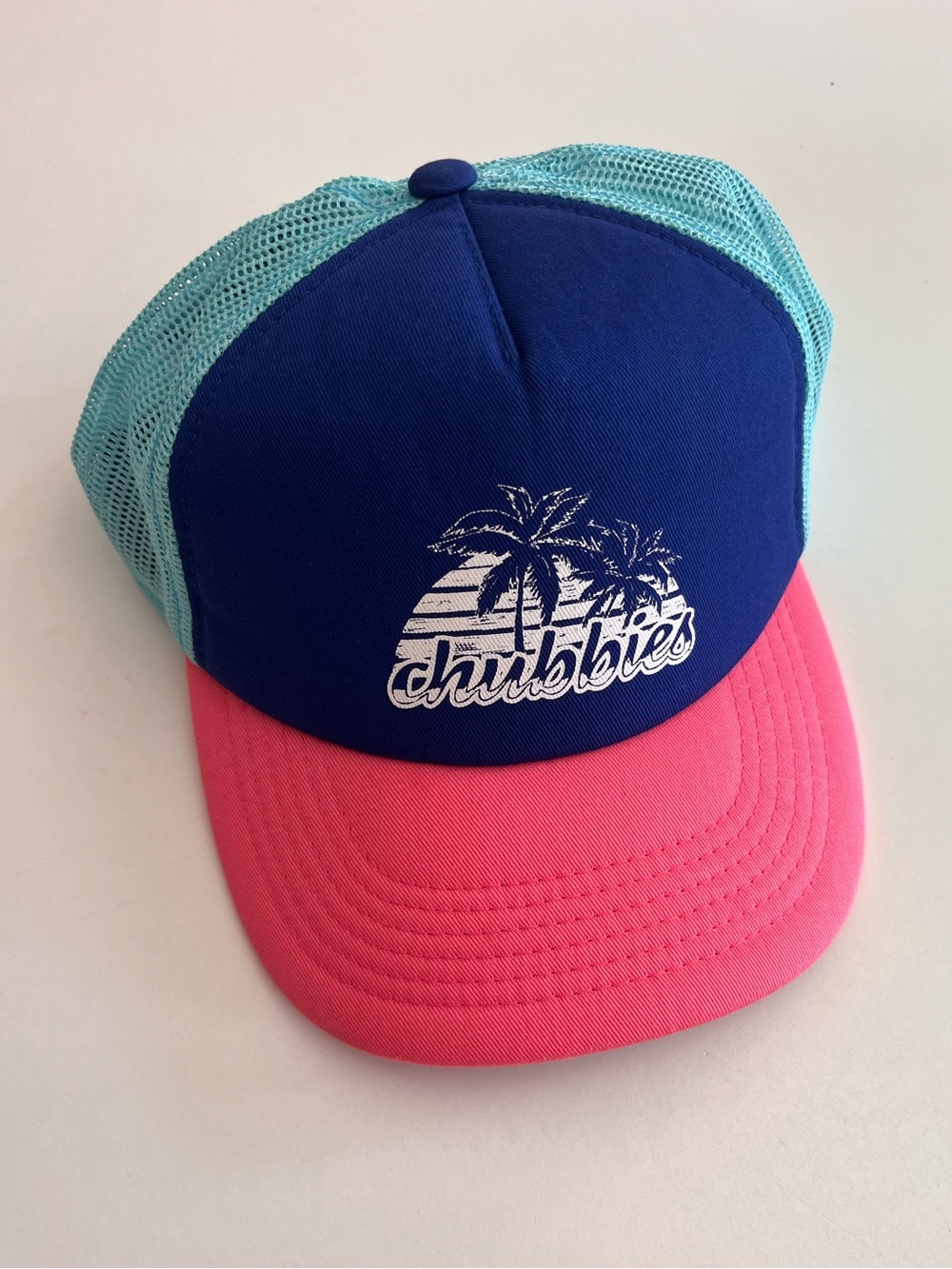 Chubbies Hat Cap Blue Snap Back Trucker Adjustable Teal Pink White Palm Trees‎